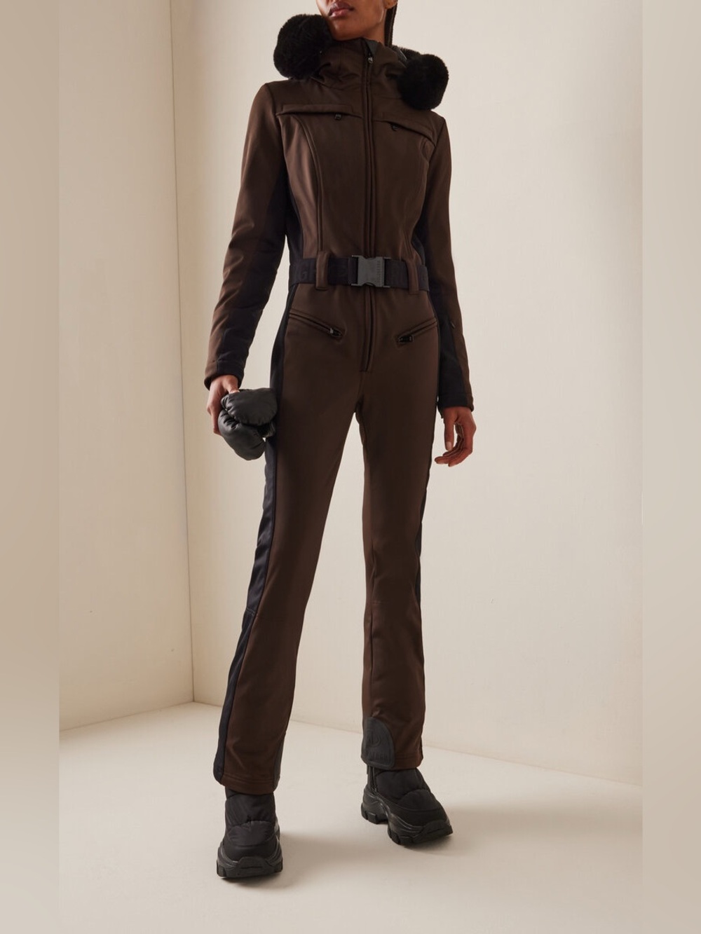Goldbergh Parry Faux Fur Ski Suit Waterproof Soft Shell Belted Dark Brown